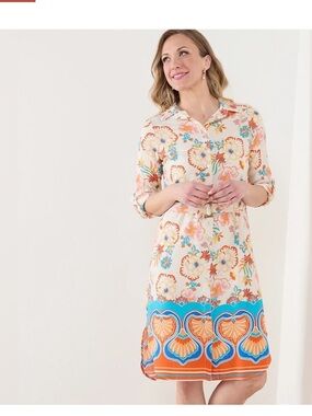 Figueroa & Flower Floral Belted Midi Shirt Dress Medium Blue Orange Boho